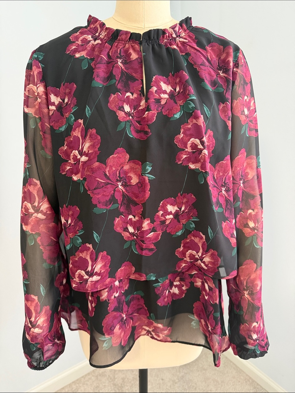 Anne Klein Floral Sheer Long-Sleeve Blouse Black with Maroon SZS